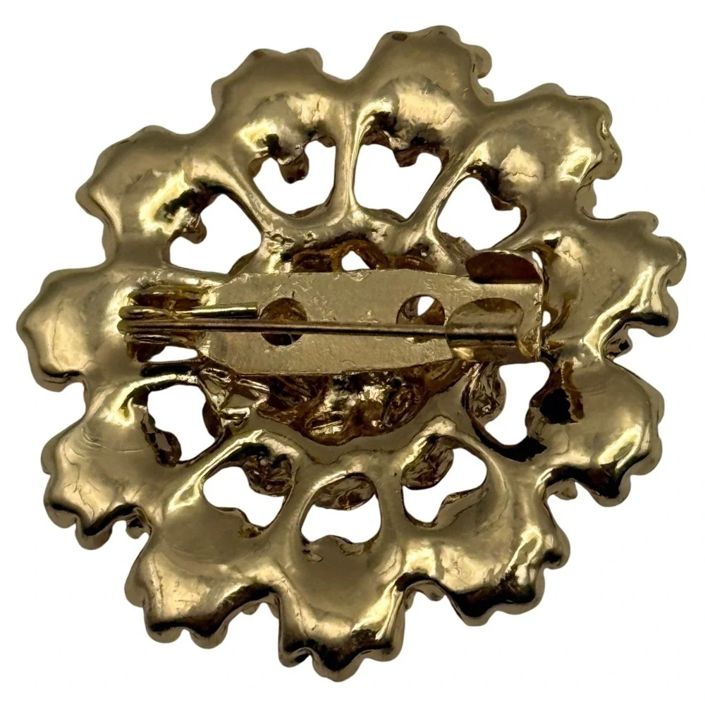 Vintage Pink Rhinestone Floral Brooch Gold Tone Flower Pin Costume Jewelry Gift